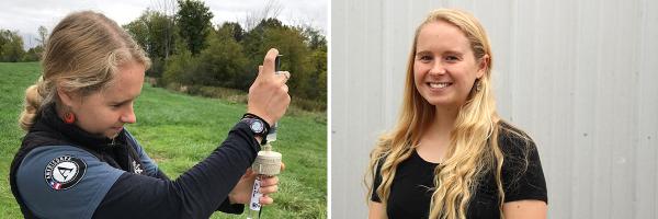Alison Spasyk in AmeriCorps shirt uses a pipet to collect a sample in the field.